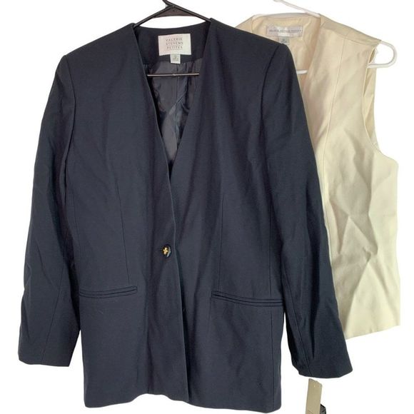 VTG Valerie Stevens Petite 12 Navy Blazer with Vest NWT Jacket One Button 6350 - Picture 1 of 15